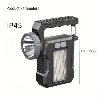LED Searchlight Spotlight Solar & USB Rechargeable, High-Power Handheld Flashlight with Side Light Locking Clip 4 Modes