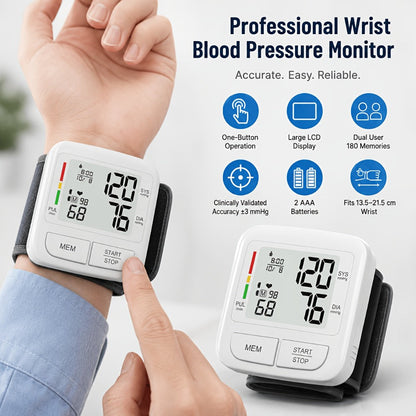 Blood Pressure Monitor Upper Arm Wrist Digital BP Machine LCD Backlit Display 2x90 Memory for Entryways, Bedrooms and Living Spaces