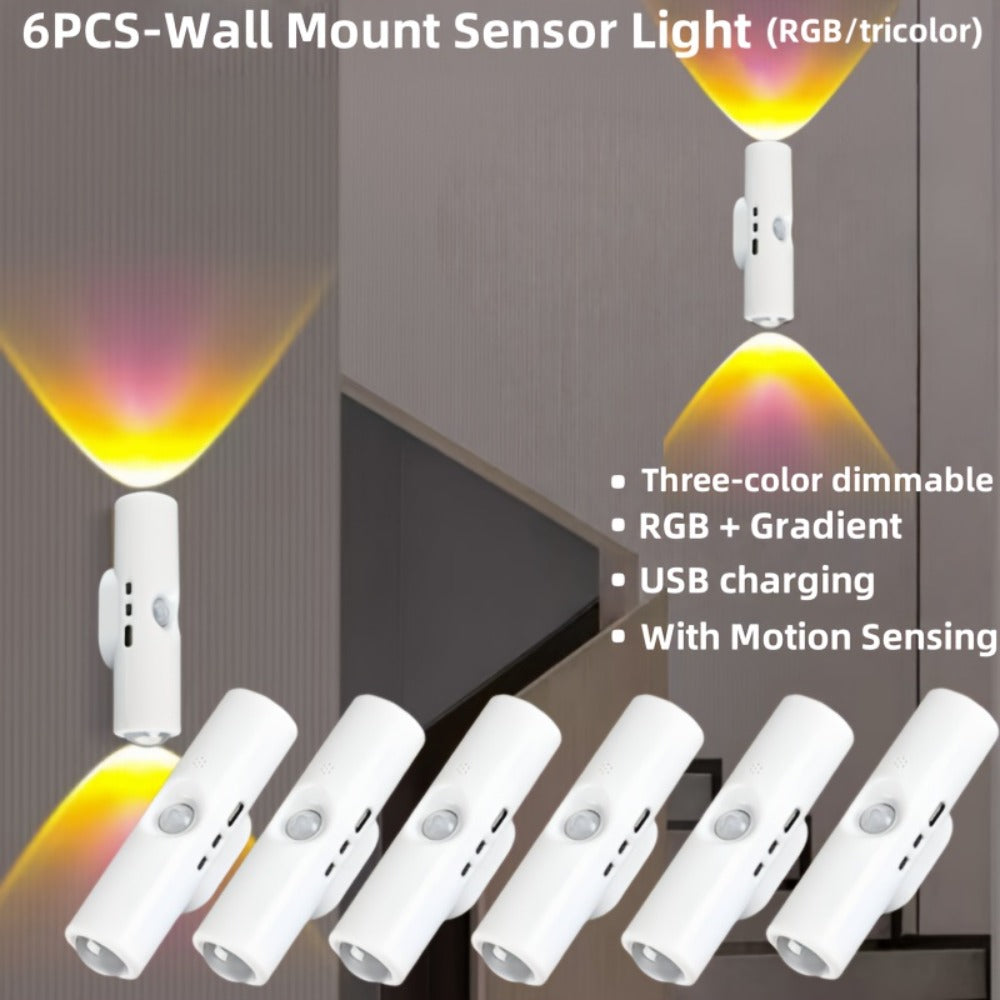 Cat Eye LED Wall Light Motion Sensor, 6 Pack USB Rechargeable Night Lamp, 3 Color Settings