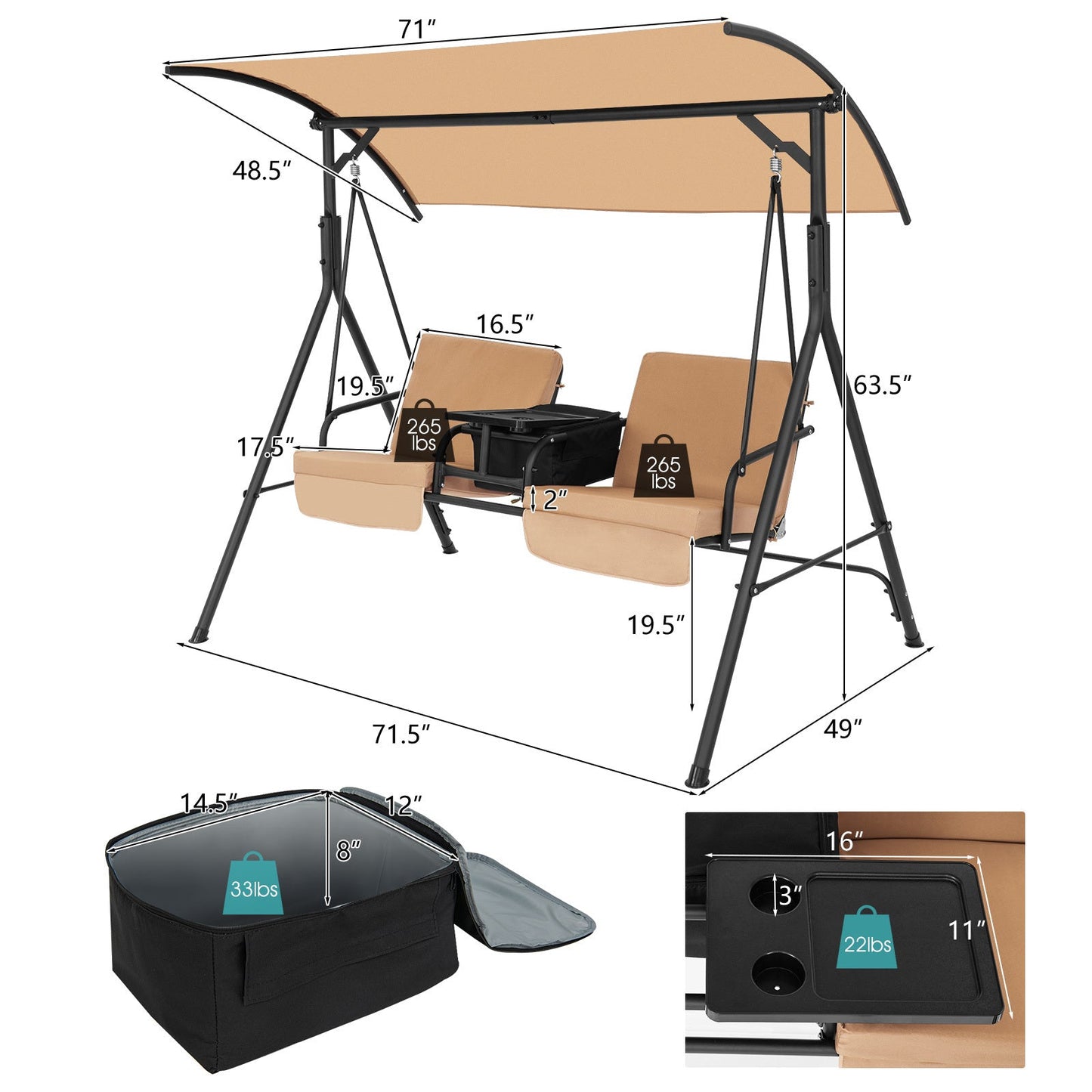 Patio Canopy Swing 2-Person with Cooler Bag Rotatable Tray Cushions 529lbs Backyard