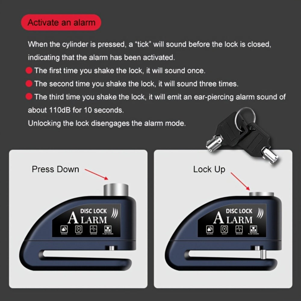 Motorcycle Disc Brake Lock with Alarm 110dB Anti-Theft Security Lock 500mAh Rechargeable USB Motorbike Wheel Lock with Reminder Rope