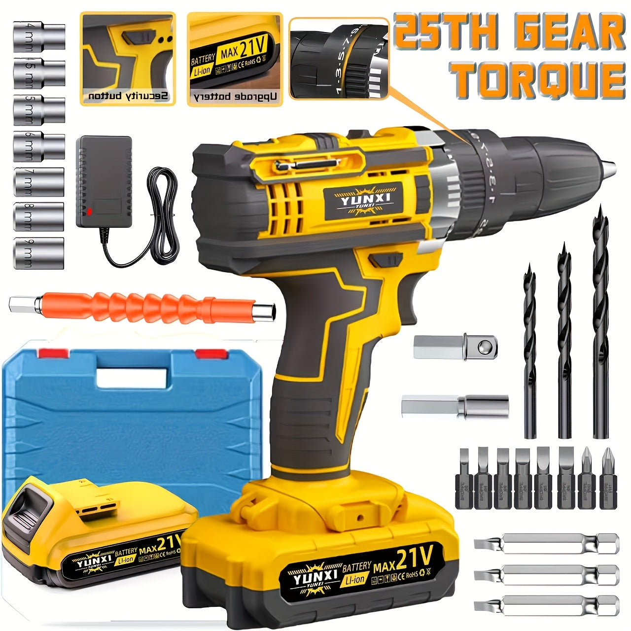Cordless Impact Drill Set 21V - Wireless Power Drill with Battery & Quick Charger, Multifunctional Tool Kit for Home