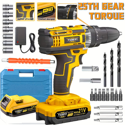 Cordless Impact Drill Set 21V - Wireless Power Drill with Battery & Quick Charger, Multifunctional Tool Kit for Home