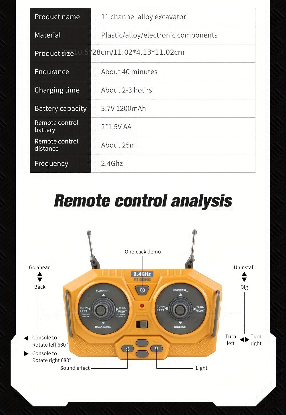 RC Bulldozer 1:24 Scale Alloy with 680° Rotation & Working Arm, 2.4GHz Remote Control Construction Vehicle for Kids