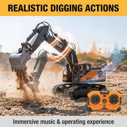 RC Excavator Toy for Kids Track Type 2.4GHz, 1200mAh Rechargeable Remote Control Construction Truck with Metal Shovel & LED Light