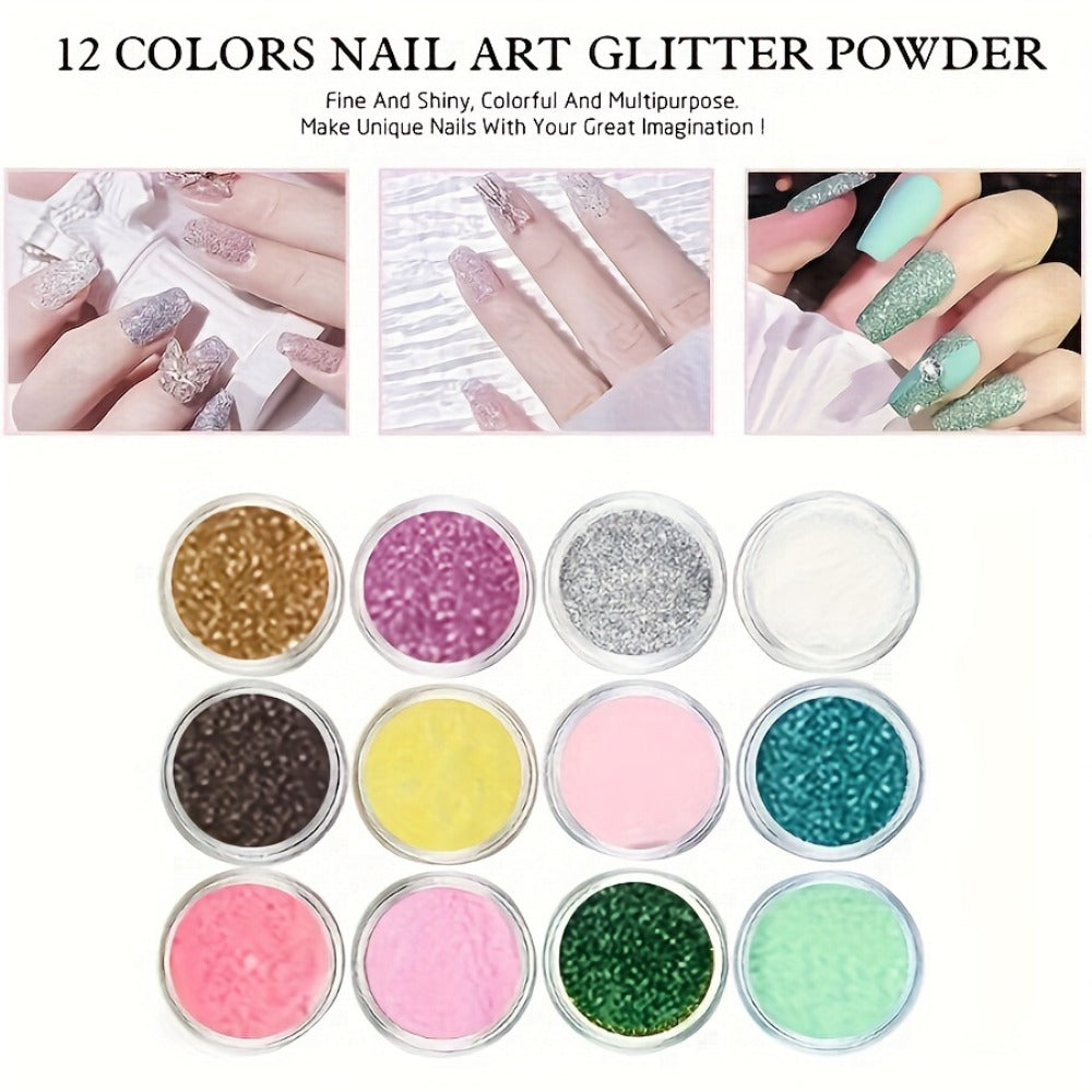 Acrylic Nail Kit with 12 Glitter Colors, Clear Pink White Powders, Liquid Monomer, Tips and Application Tools