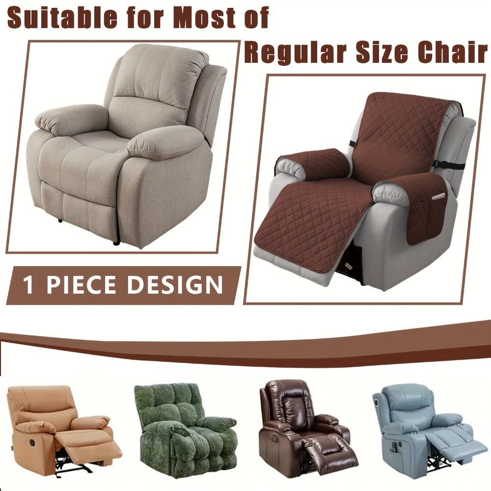 Diamond-Quilted One-Piece Recliner Chair Cover with Side Pocket, Buckle Strap and Eight Colors