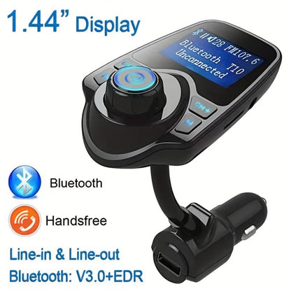 Flexible-Neck Car FM Transmitter with 1.44-Inch Display, Dual USB Ports, AUX Jack and Rotary Control