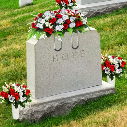 Artificial Cemetery Flowers for Grave with Saddle, Silk Rose Bouquet Headstone Decoration, Memorial Day Grave Flowers