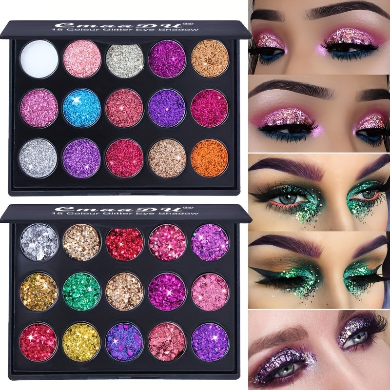 Eyeshadow Palette 2-Pack with 15 Glitter, Shimmer and Metallic Shades per Black Compact Case