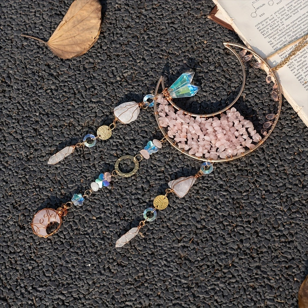 Dreamcatcher Moon Suncatcher Wall Hanging, Handmade Boho Wind Chime Pendant for Indoor Outdoor Garden