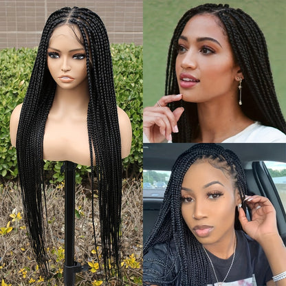 Extra-Long Natural Black Braided Wig with Full Lace Cap and 40-Inch Straight Box Braids for Styling