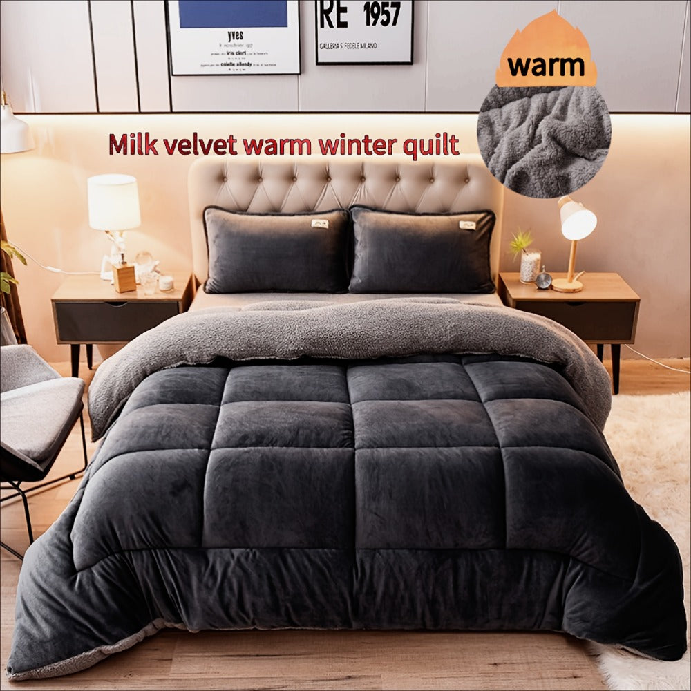 Reversible Milk Velvet Comforter Soft Quilted Blanket 100% Polyester Plush Fleece Bedding All Season Machine Washable for Home Hotel Queen
