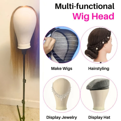 Canvas Mannequin Head for Wig Making with Stand 21 22 23 24 Inch – Complete Set with Needles & Wig Caps, Holes for Styling Headbands