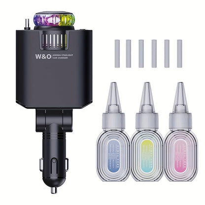3-in-1 Car Charger, Air Freshener & Starry Sky Ceiling Light – Retractable Type-C & Lightning Cable, Aromatherapy Perfume