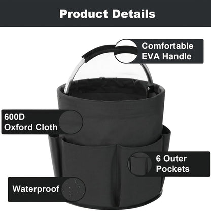 Foldable Cleaning Caddy Organizer 17L with Handle – Portable Collapsible Bucket Bag with 6 Pockets for Cleaning Supplies