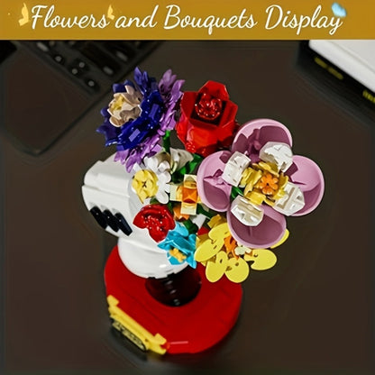 DIY Flower Bouquet Building Blocks Set with Display Stand – Multicolor Brick Flower Maker Home Decor Never Wilts Mother's Day Valentine's