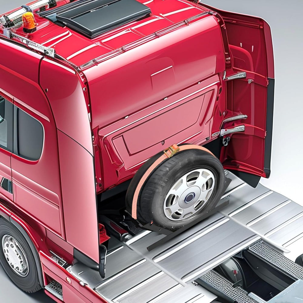 Semi Truck Spare Tire Carrier Rack Adjustable Steel Holder with Anti-Sway Chain & Ratchet Strap for Class 8 Semi-Trailers Kenworth Peterbilt