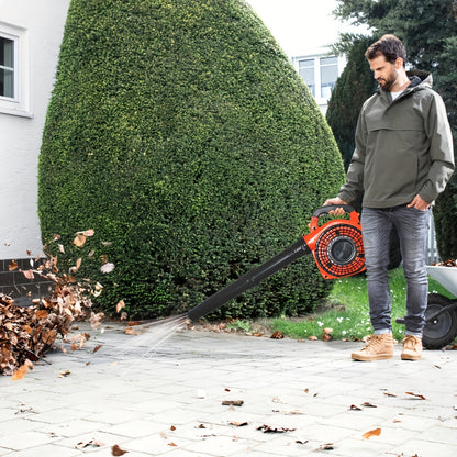 26CC Two-Cycle Gas Leaf Blower in Orange with Handheld Body, Two Straight Tubes, Fuel Container and Funnel