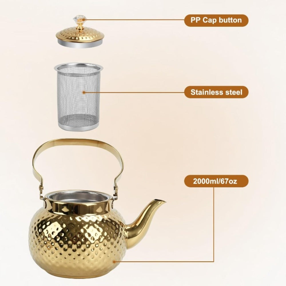 Hammered Tea Kettle Stainless Steel, 40.58oz Stovetop Teapot with Strainer for Loose Leaf Tea, Coffee & Milk