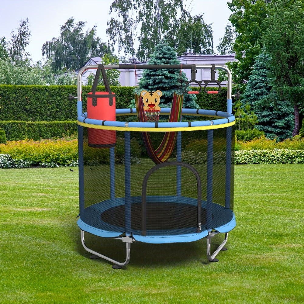 60 Inch Trampoline with Enclosure and Gymnastics Bar, Height Adjustable Indoor Outdoor Round Trampoline with Toys for Kids