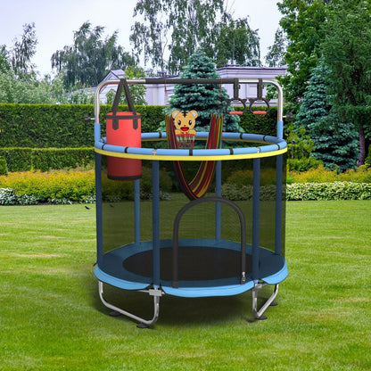 60 Inch Trampoline with Enclosure and Gymnastics Bar, Height Adjustable Indoor Outdoor Round Trampoline with Toys for Kids