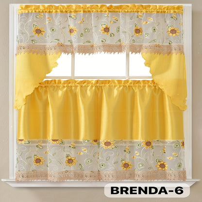 Kitchen Curtains 3 Piece Set Embroidered Satin Valance and Tiers – Rod Pocket Light Filtering Machine Washable 46 Colors