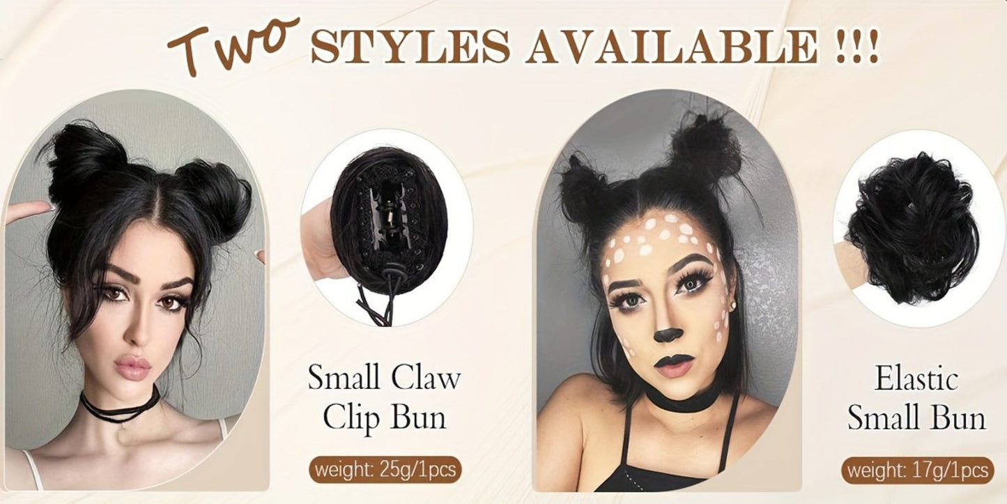 Mini Donut Bun Hairpiece with Cat Ears Claw Clip Messy Bun Synthetic Fiber Instant Updo – 2 Pcs Set for Women Girls All Hair Types Natural