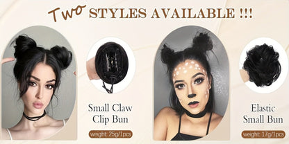 Mini Donut Bun Hairpiece with Cat Ears Claw Clip Messy Bun Synthetic Fiber Instant Updo – 2 Pcs Set for Women Girls All Hair Types Natural