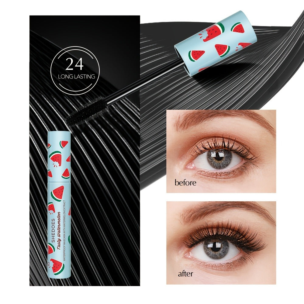 Black Mascara Two-Piece Set in Blue Watermelon-Print Tubes with Straight Black Bristle Applicator Wands