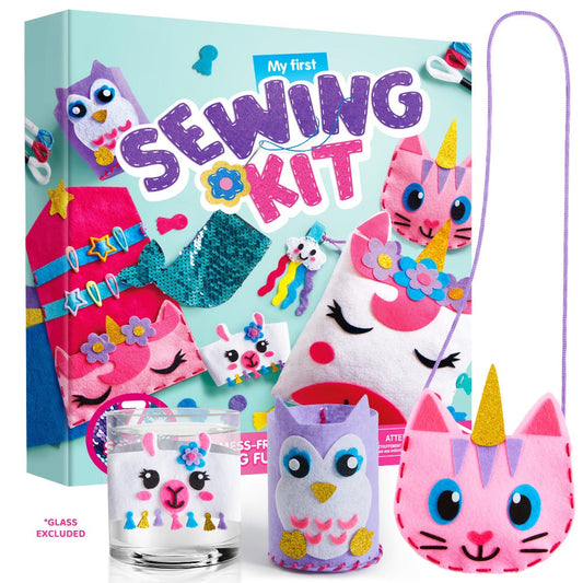 Kids Sewing Kit for Beginners 7 Felt Craft Projects, Pre-Punched Holes Safe Needles Mini Pillow Keychain Card Holder Cup Sleeve