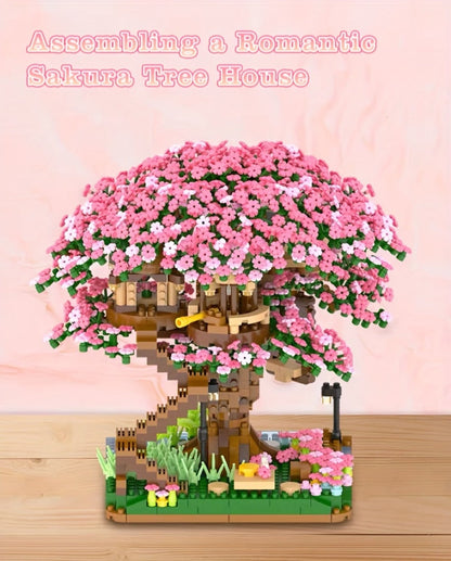 Building Block Set Cherry Blossom Tree House, 1020 or 2028 Micro Pieces with Pink Canopy and Base Display
