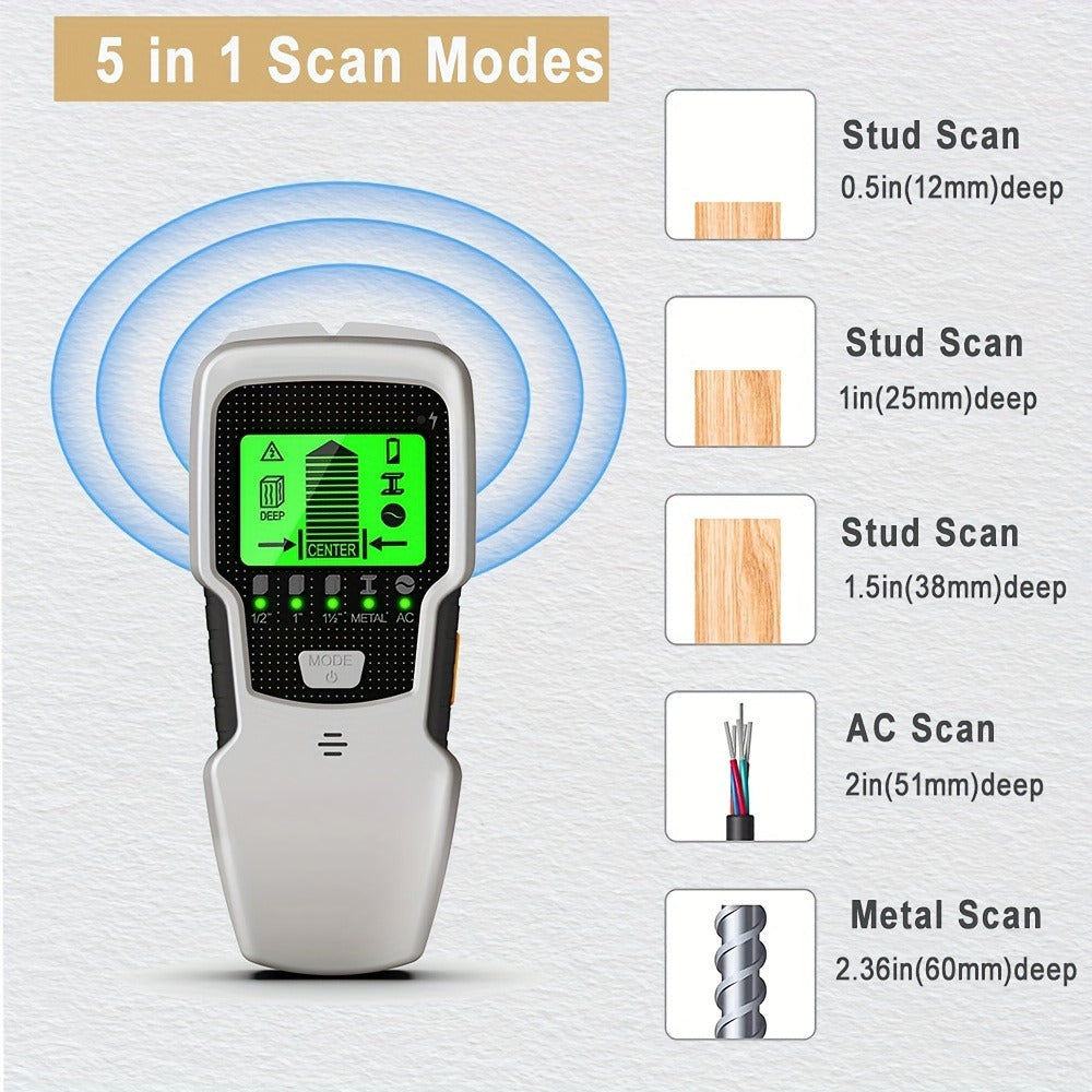 Stud Finder Wall Scanner 5-in-1 Electronic C75, LCD Display Audio Alarm Detects Wood Studs AC Live Wire Metal Pipes Joists