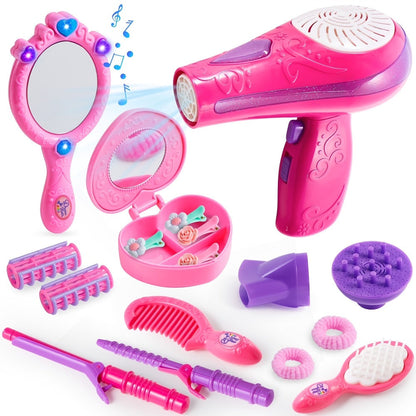 Girls Beauty Salon Toy Set 17 PCS, Pretend Play Hair Stylist Kit with Working Hairdryer Mirror Curling Wands Combs Clips & Jewelry Box