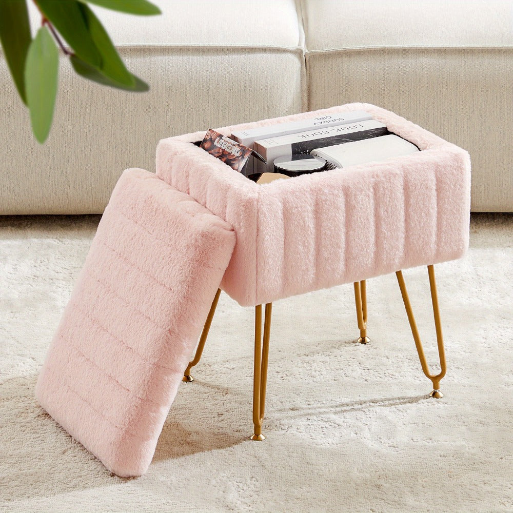 Faux Fur Storage Ottoman Stool, Furry Vanity Seat with Storage, 4 Metal Legs & Feet, Cute Modern Multi-Function Chair for Bedroom