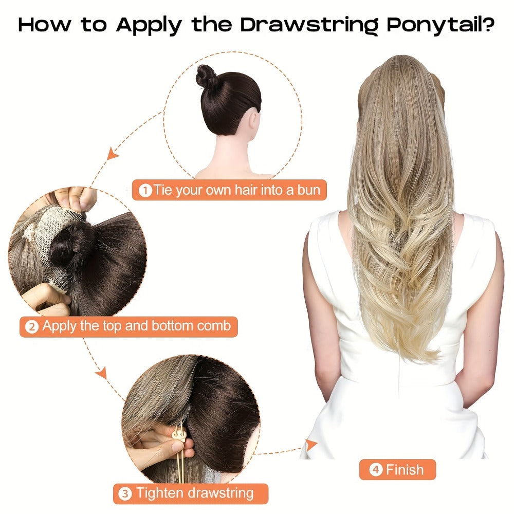 Drawstring Ponytail Extension for Women Long Wavy Layered Wrap Around Clip In Synthetic Pony Tail 26 Inch No Glue No Heat Blonde Brown Ash