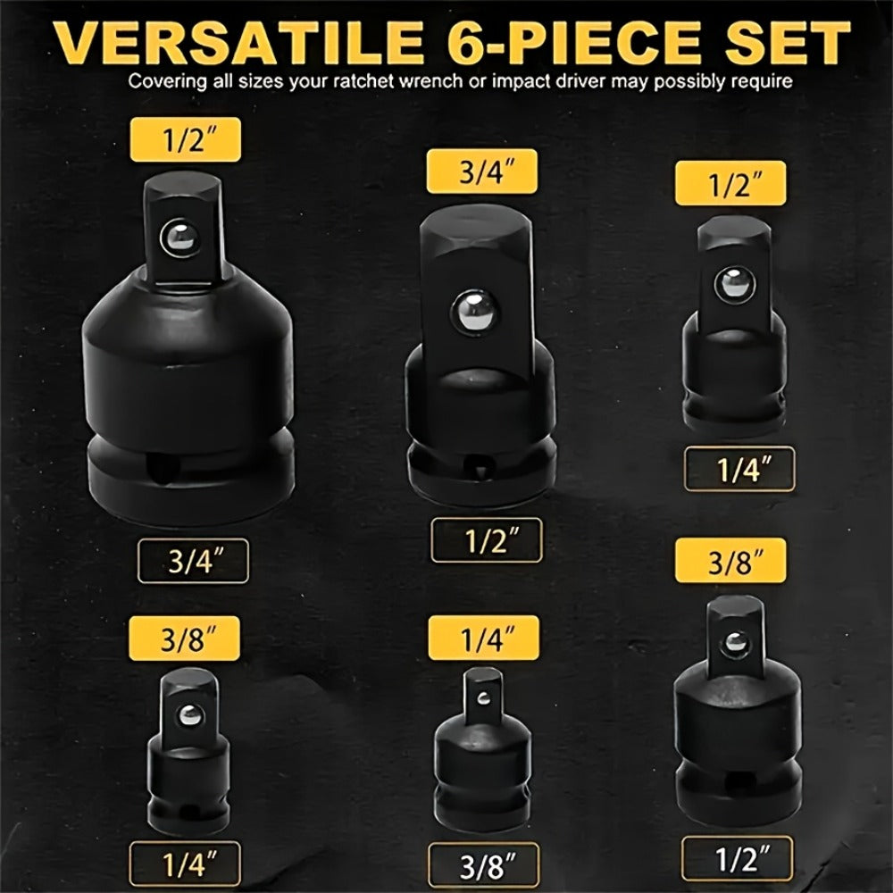 Impact Adapter & Reducer Set 6-Piece – 1/4" 3/8" 1/2" 3/4" Female-to-Male Air Square Drive Conversion Tool | Chrome Molybdenum Steel