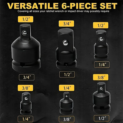 Impact Adapter & Reducer Set 6-Piece – 1/4" 3/8" 1/2" 3/4" Female-to-Male Air Square Drive Conversion Tool | Chrome Molybdenum Steel