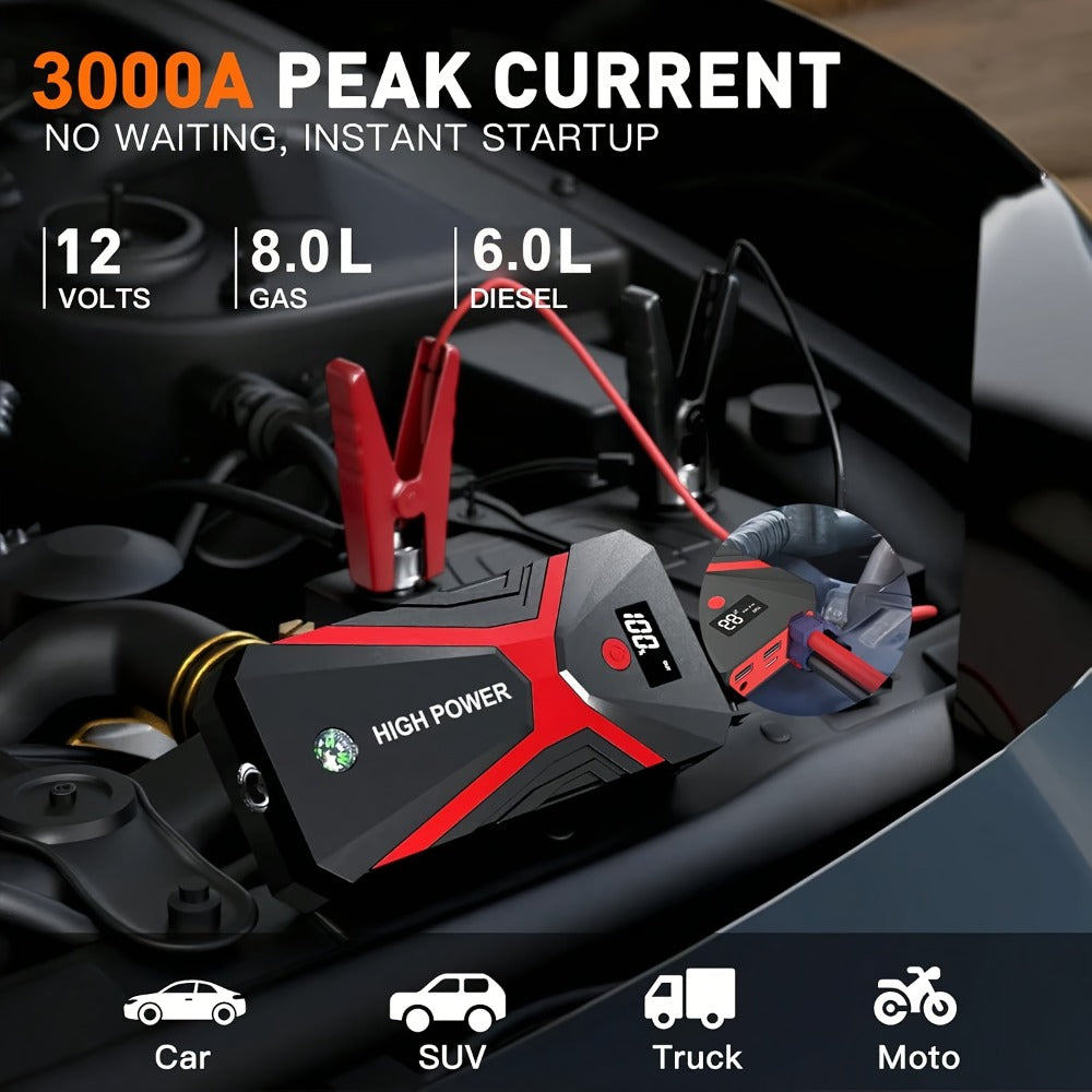 Portable Car Jump Starter with Tire Inflator – 3000A Peak 12V Battery Booster, USB Power Bank, LED Emergency Light