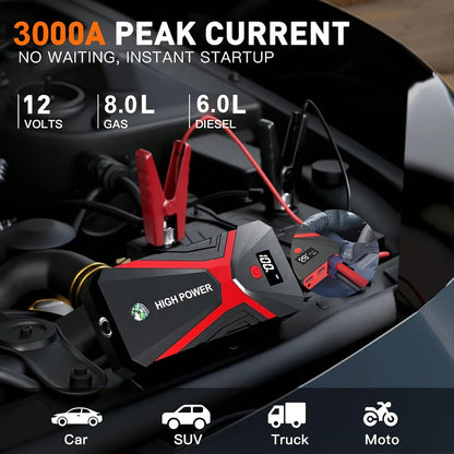 Portable Car Jump Starter with Tire Inflator – 3000A Peak 12V Battery Booster, USB Power Bank, LED Emergency Light