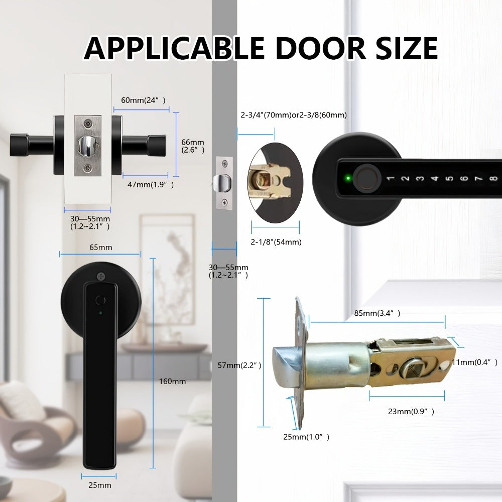 Smart Door Lock Handle with Fingerprint PIN IC Card and Key Access plus Four AAA Power and Type-C Port