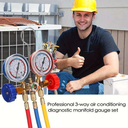 AC Manifold Gauge Set 3-Way with Color-Coded Hoses & Adapters for R134A R22 R12 R404A – HVAC Diagnostics A/C Recharge Leak Detection 0-500