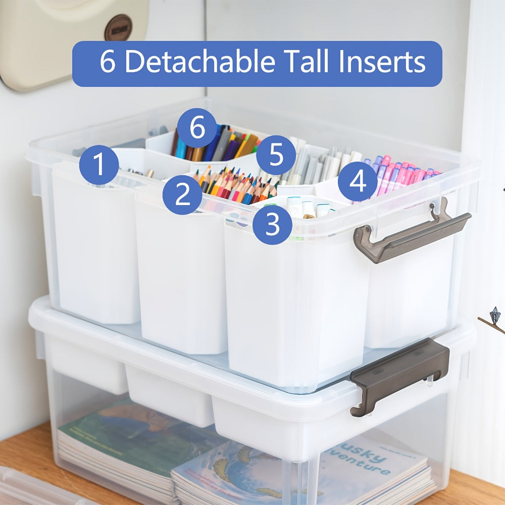 Two Clear Storage Boxes with Removable Divided Trays, Snap Lids, Black Carry Handles and Lower Compartments