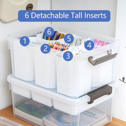 Two Clear Storage Boxes with Removable Divided Trays, Snap Lids, Black Carry Handles and Lower Compartments
