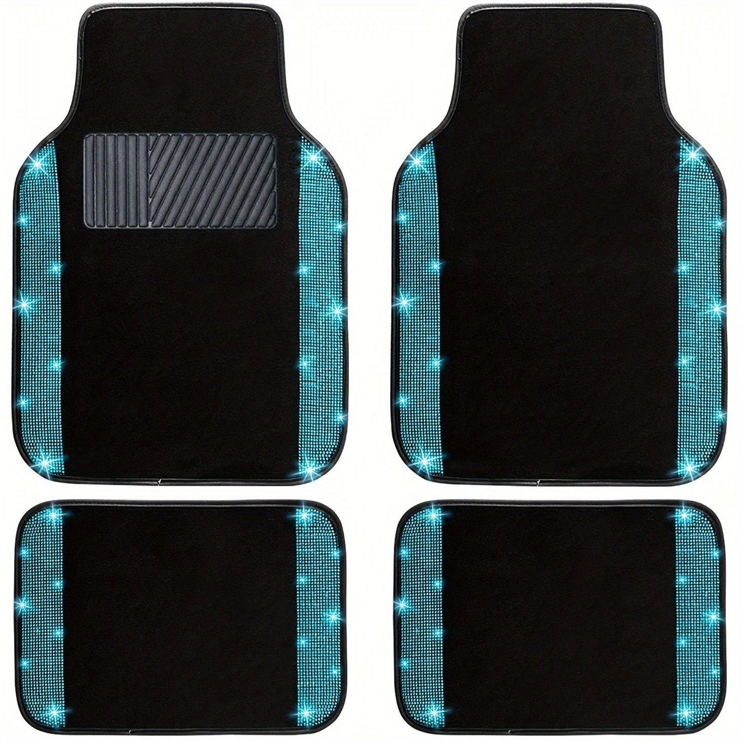 Rhinestone-Border Car Floor Mats, Four-Piece Black Carpet Set with Seven Accent Color Options