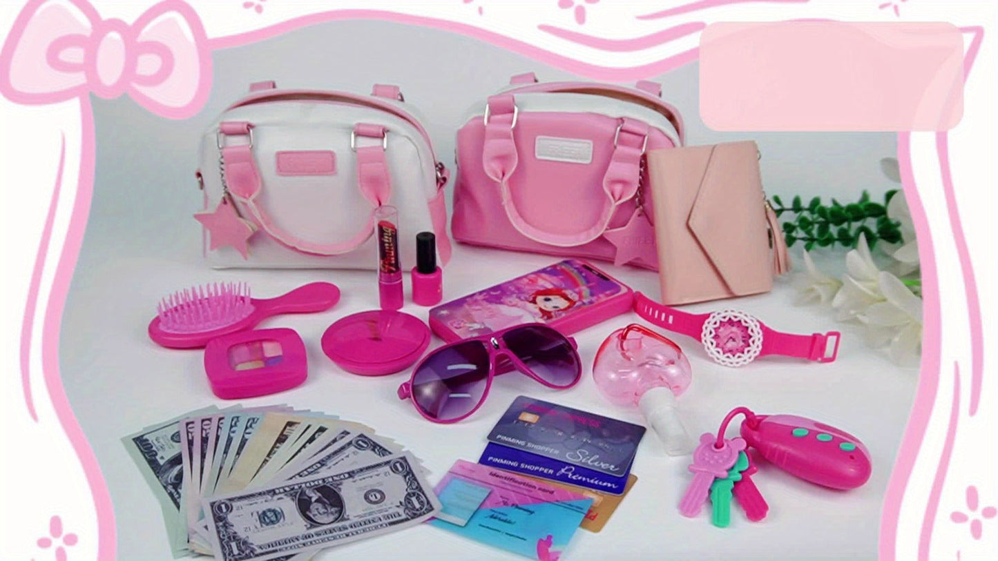 Pink Princess Play Purse Set for Girls, Pretend Makeup Handbag with Phone, Lipstick, Keys & Crossbody Bag