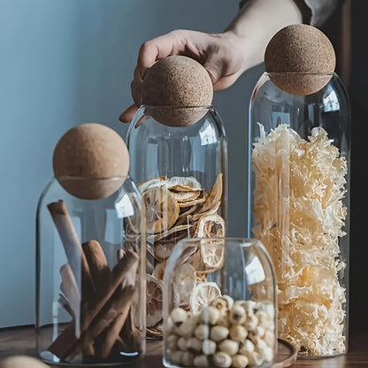 Glass Storage Jars with Cork Lid Set of 3 | 17oz 500ml Airtight Glass Containers with Spherical Cork Stopper | Kitchen Organizer for Tea