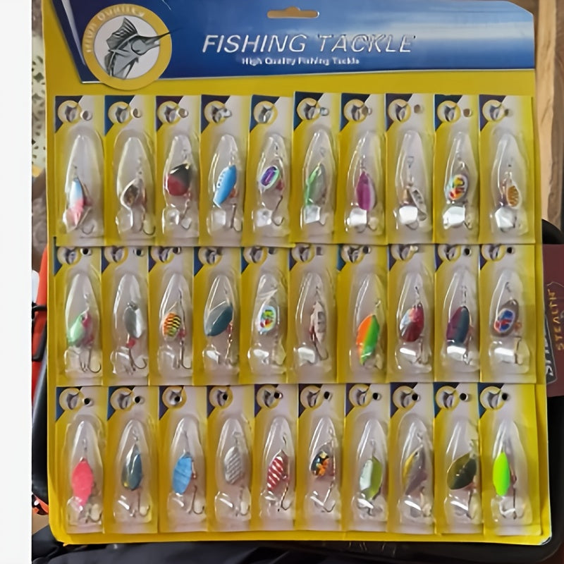 Fishing Lure Set 30-Piece Assorted Metal Spinner and Spoon Baits with Reflective Colors, Hooks and Display-Card Packaging