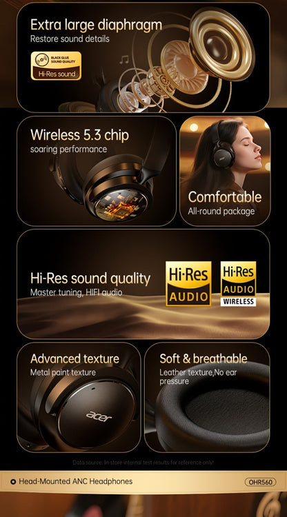 Acer OHR560 Over-Ear Headphones with Bluetooth 5.3, 40mm Drivers, ANC and ENC Labels, Foldable Earcups and AUX