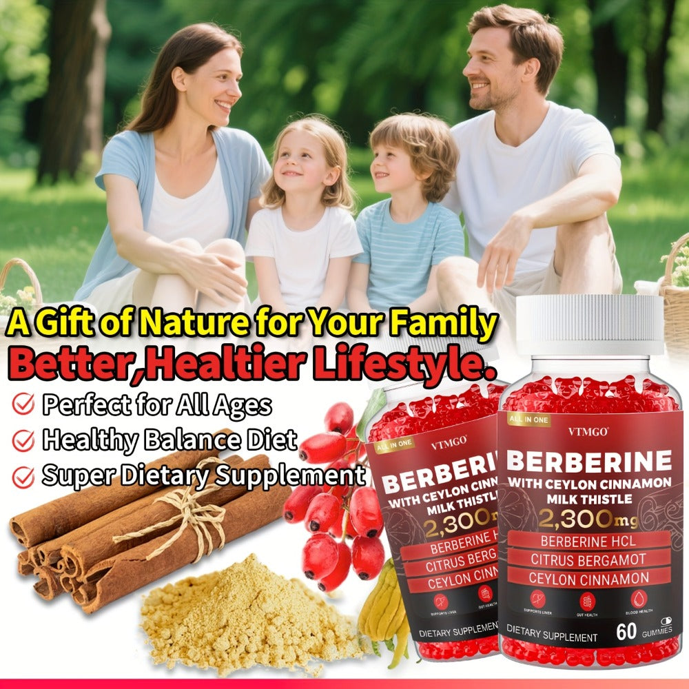 Berberine HCL Gummies 2300mg 60ct with Ceylon Cinnamon, Milk Thistle & Turmeric for Blood Sugar Balance